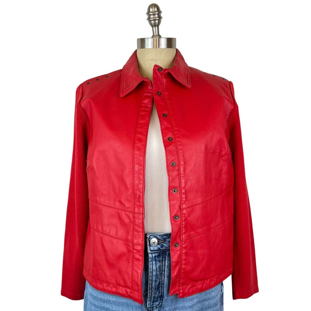 Nygard Collection Women's Red Genuine Leather Knit Snap Button Front Jacket (S)